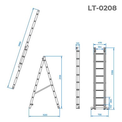 Лестница алюминиевая 2-х секционная универсальная раскладная 2*8ступ. 3.69м