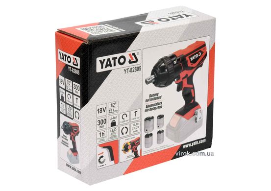 Гайковерт ударний акумуляторний YATO 18 В 300 Нм + 4 насадки (без акумулятора і зарядного пристрою) YT-82805