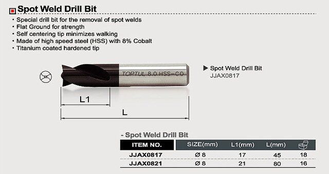 Сверло d8mm, L45mm для высверливания точечной сварки TOPTUL JJAX0817